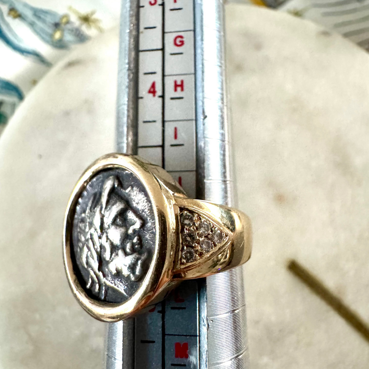 INCREDIBLE Vintage 14ct gold Roman style coin ring with diamonds