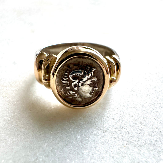 Sterling silver and 14ct gold (not plated) Roman coin ring - Size O