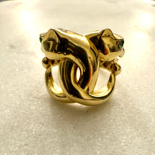 18ct wrap around double panther ring with green eyes - very collectable!