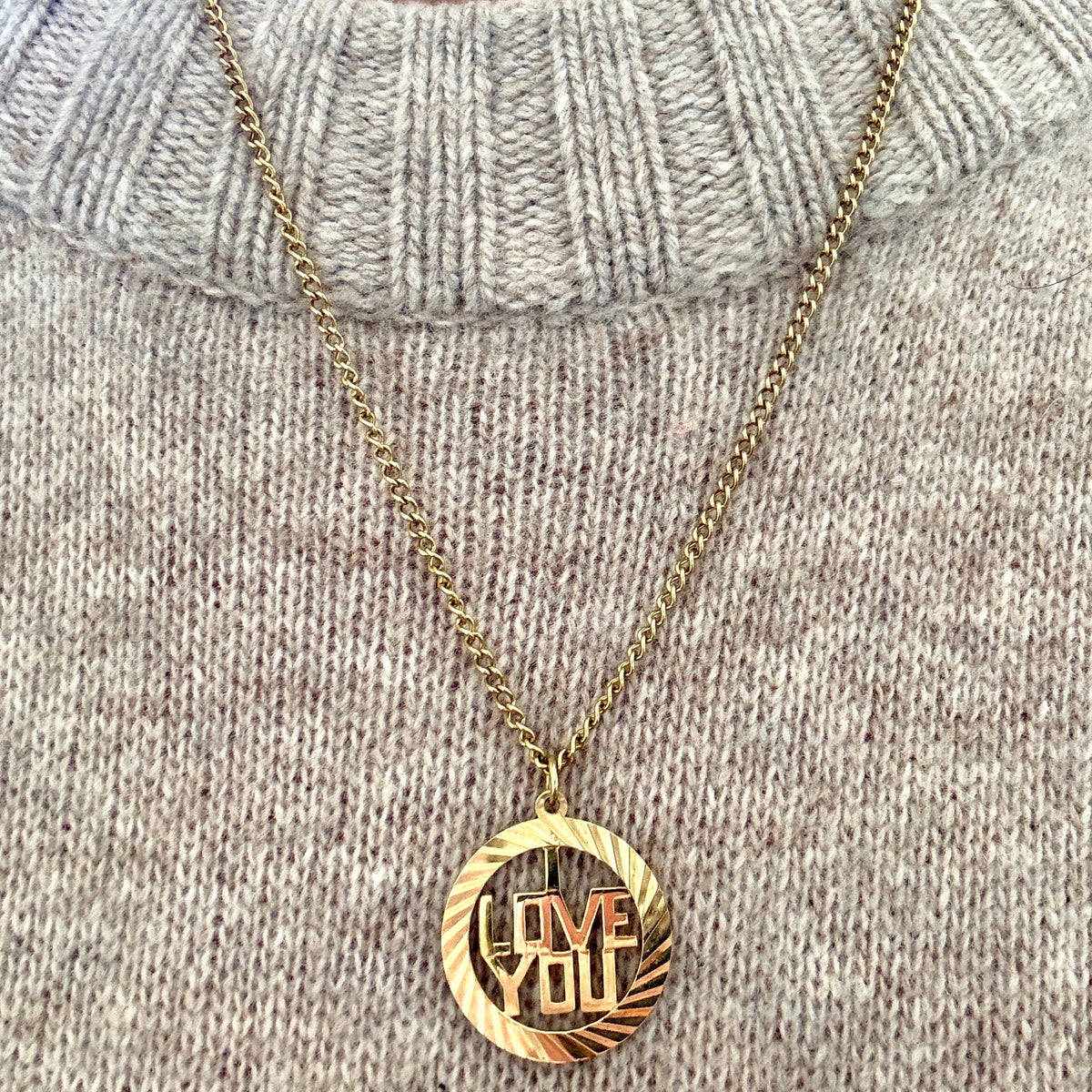 Vintage 9ct FRED MANSHAW I Love You pendant on curb chain - British hallmarks (COLLECTABLE)