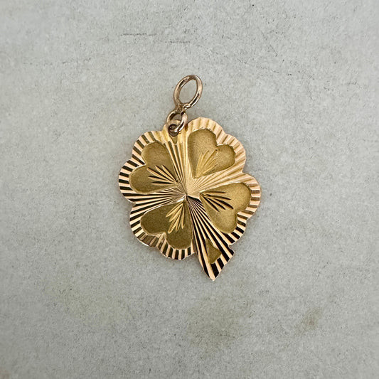 Vintage 14ct LUCKY engine turned 4 leaf clover pendant
