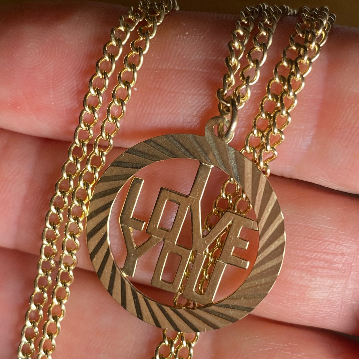 Vintage 9ct I Love You pendant on curb chain