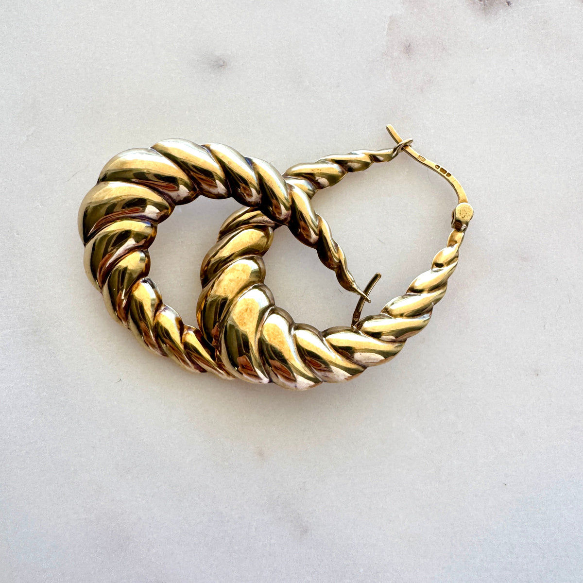 Vintage 9ct large croissant hoops with UK hallmarks - stunning patina!