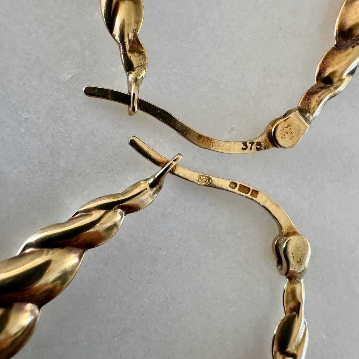Vintage 9ct large croissant hoops with UK hallmarks - stunning patina!