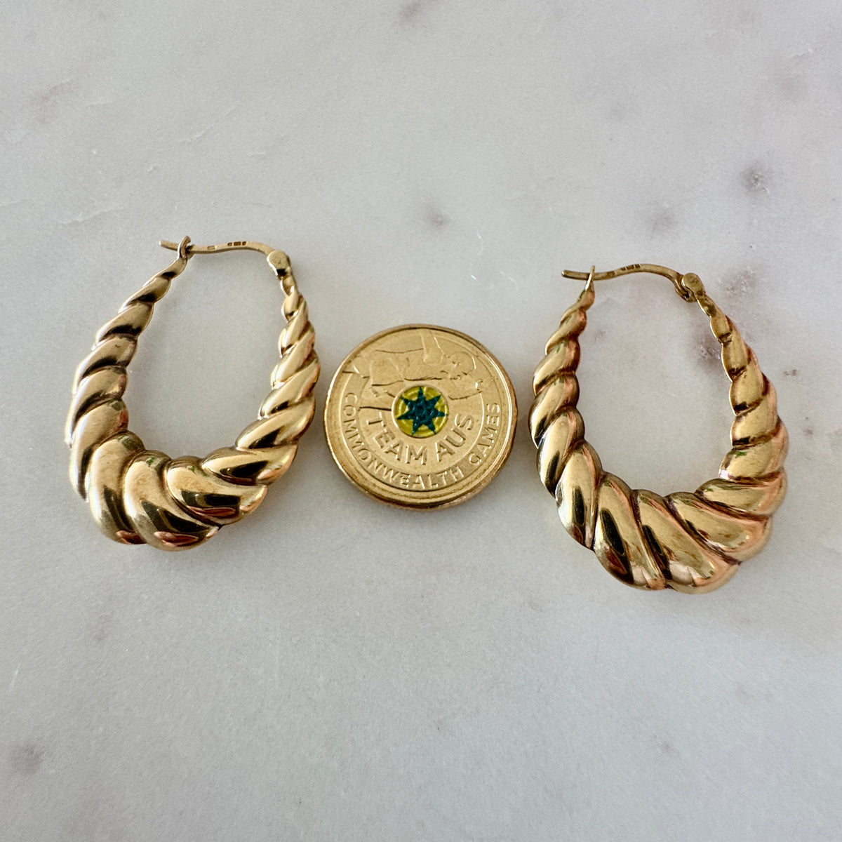 Vintage 9ct large croissant hoops with UK hallmarks - stunning patina!