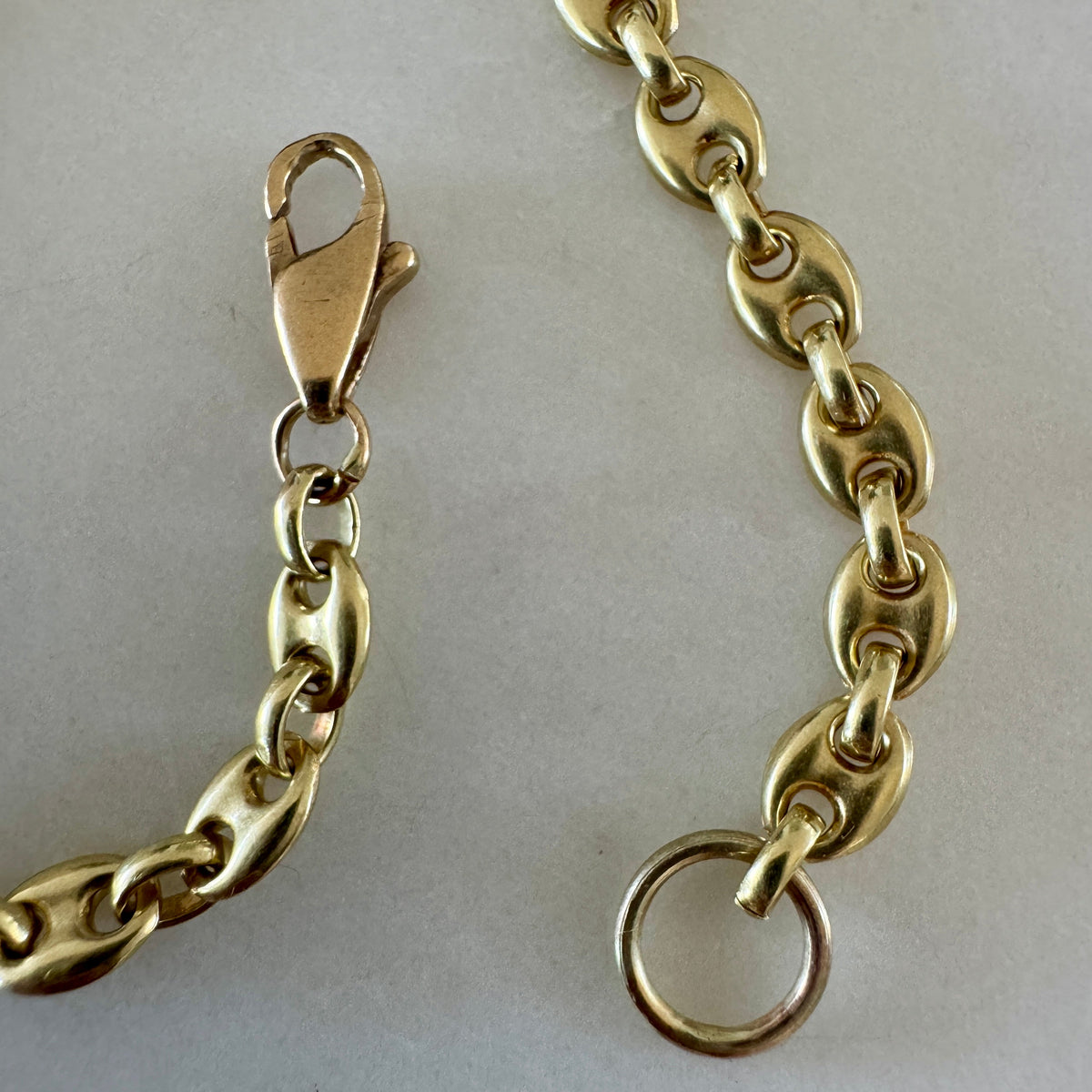 Solid 14ct gold puffy link bracelet with large 9ct O ring for charms