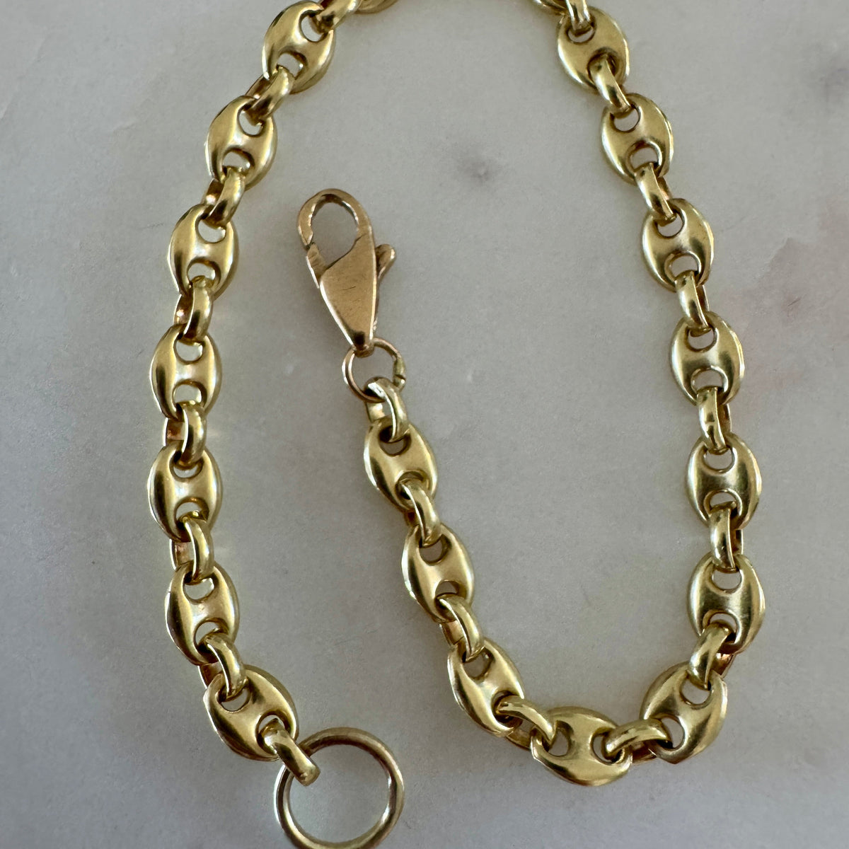 Solid 14ct gold puffy link bracelet with large 9ct O ring for charms