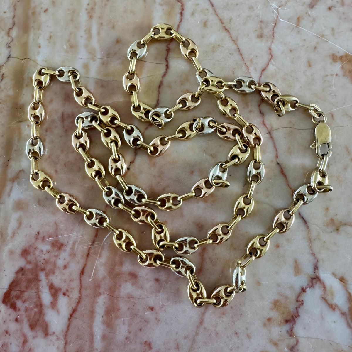 NEW! Vintage Italian 18ct Tri-colour puffy link necklace - RARE