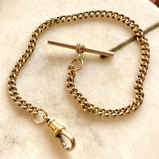 SOLD  Antique gold T-bar curb link bracelet with Albert clasp