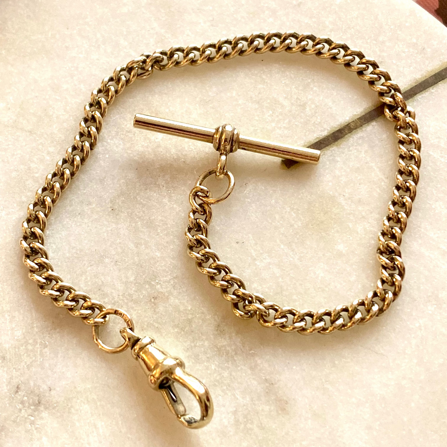 SOLD  Antique gold T-bar curb link bracelet with Albert clasp