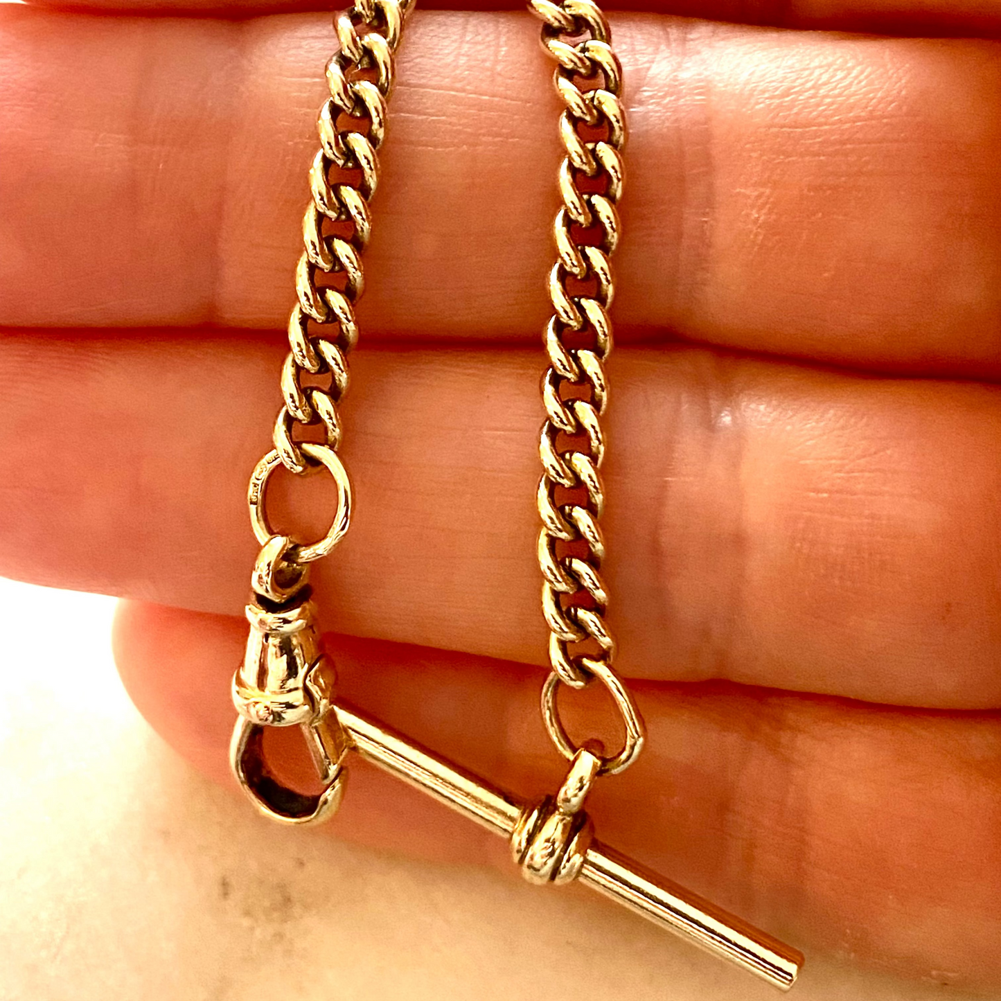 SOLD  Antique gold T-bar curb link bracelet with Albert clasp