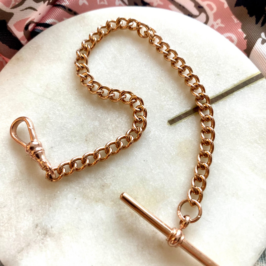 SOLD  Antique 9ct rose gold T-bar fob bracelet with swivel Albert clasp
