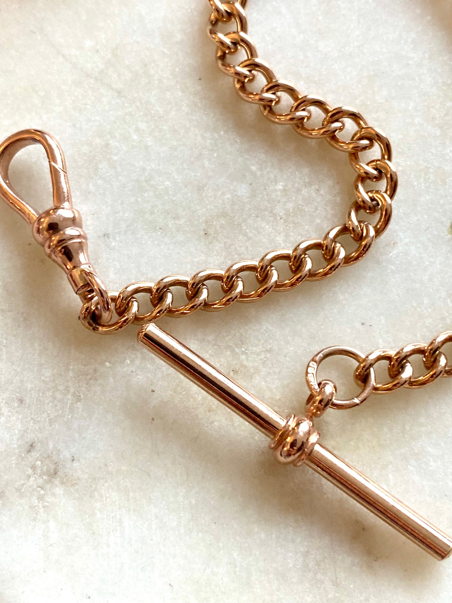 SOLD  Antique 9ct rose gold T-bar fob bracelet with swivel Albert clasp