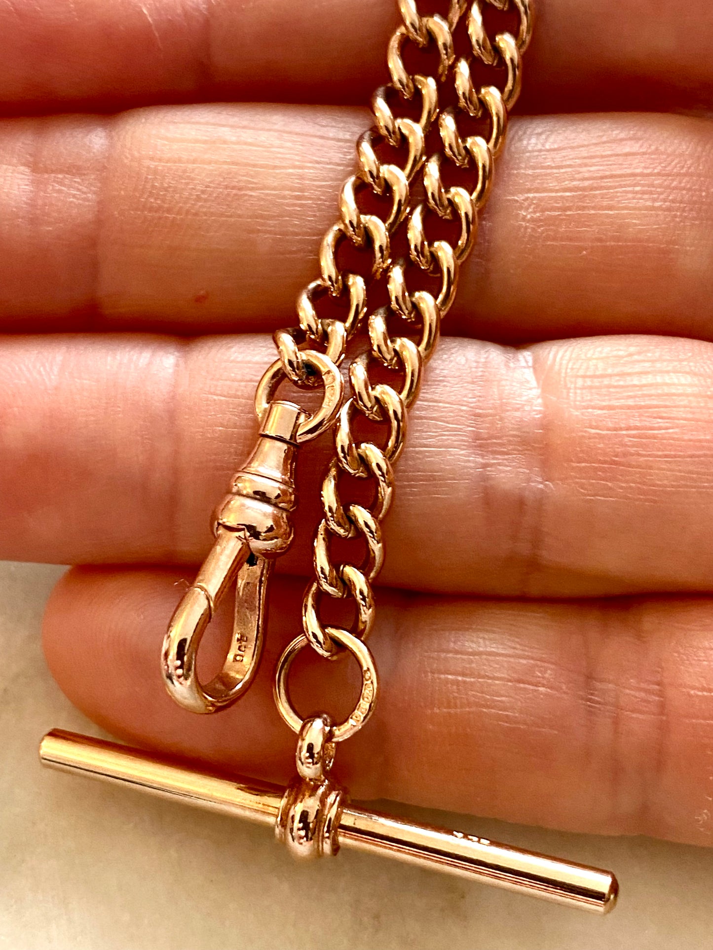 SOLD  Antique 9ct rose gold T-bar fob bracelet with swivel Albert clasp