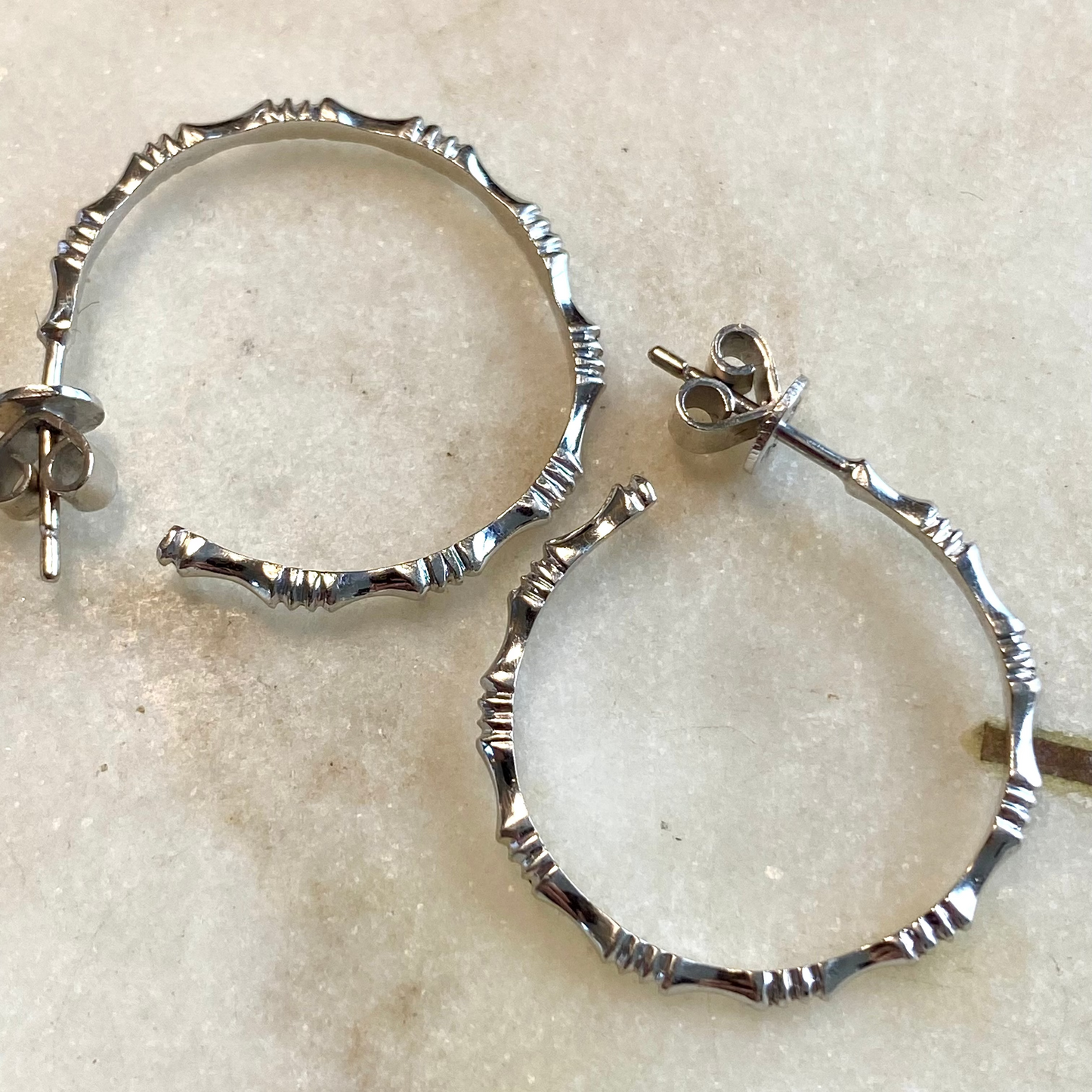 SOLD  Vintage 14ct white gold fine bamboo hoop earrings
