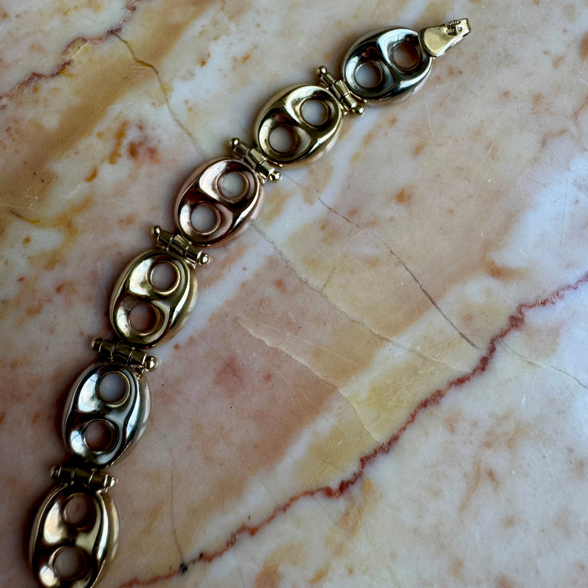Vintage 9ct puffy link tri-colour hinged bracelet! Mix your metals!!!!