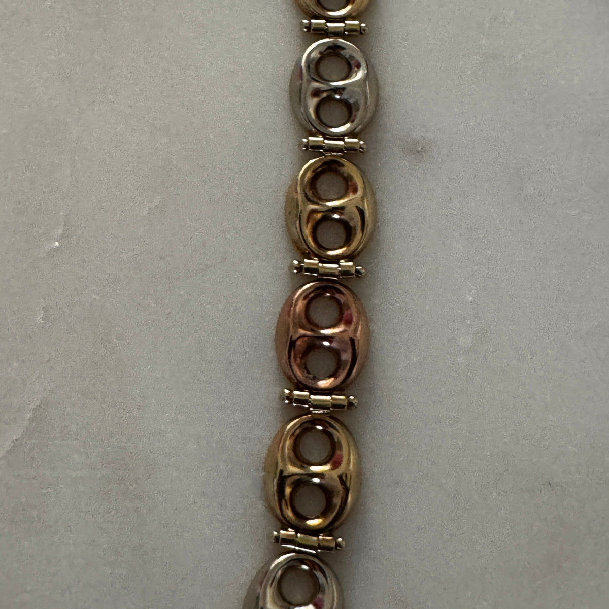 Vintage 9ct puffy link tri-colour hinged bracelet! Mix your metals!!!!