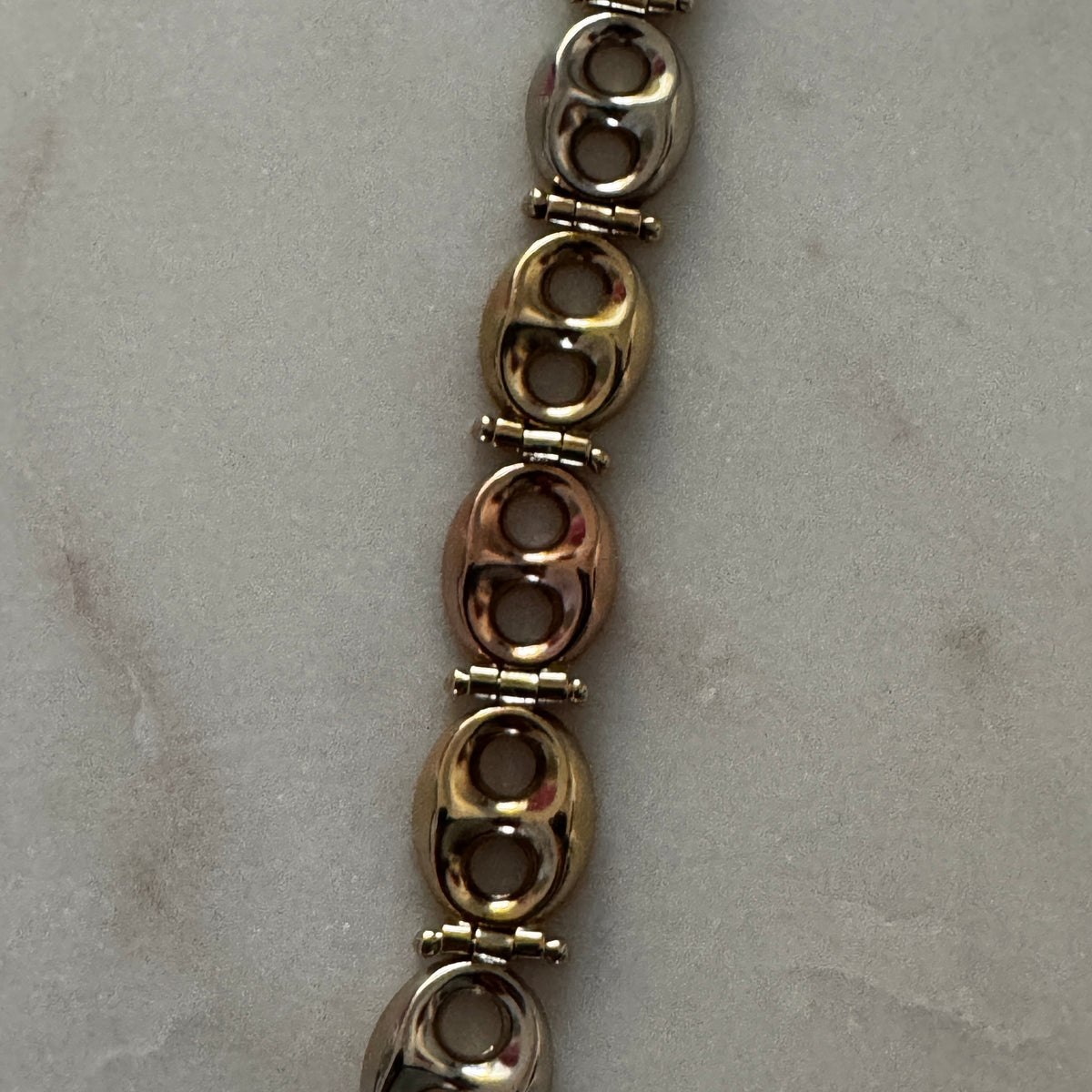 Vintage 9ct puffy link tri-colour hinged bracelet! Mix your metals!!!!