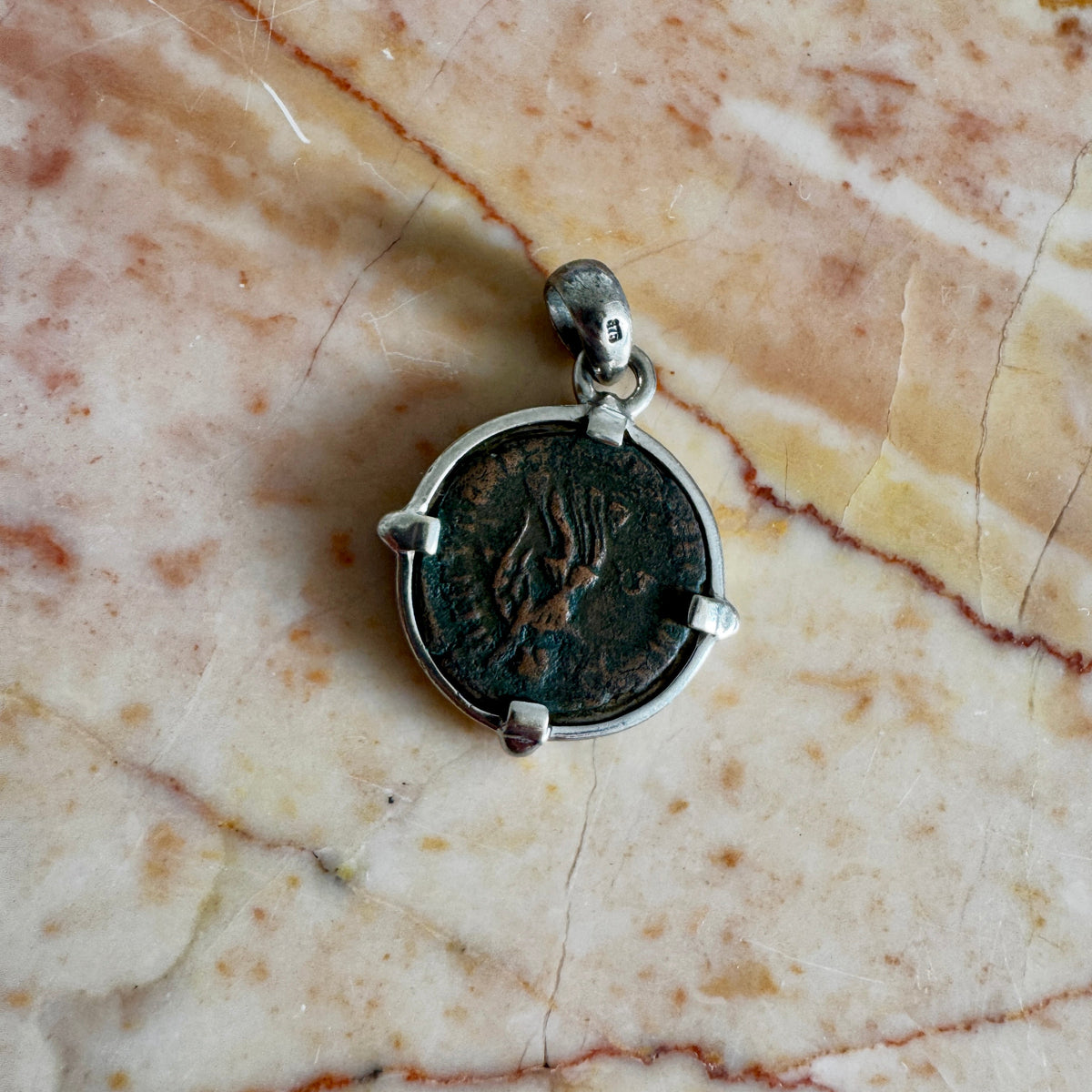 Ancient Roman coin pendant set in 9ct white gold - bespoke one off piece!